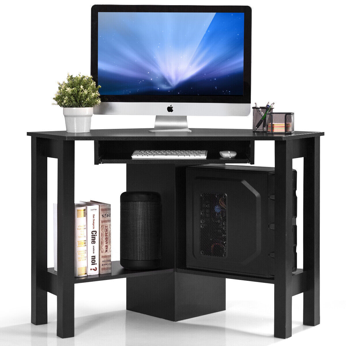 Corner Desk Office Table with Keyboard Drawer, Storage Shelves, Adjustable Height, Modern Design and Space Saving Workstation