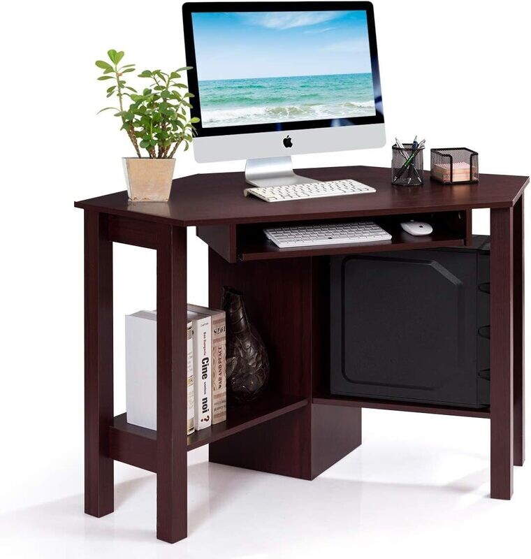 Corner Desk Office Table with Keyboard Drawer, Storage Shelves, Adjustable Height, Modern Design and Space Saving Workstation