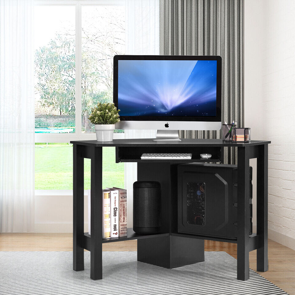 Corner Desk Office Table with Keyboard Drawer, Storage Shelves, Adjustable Height, Modern Design and Space Saving Workstation