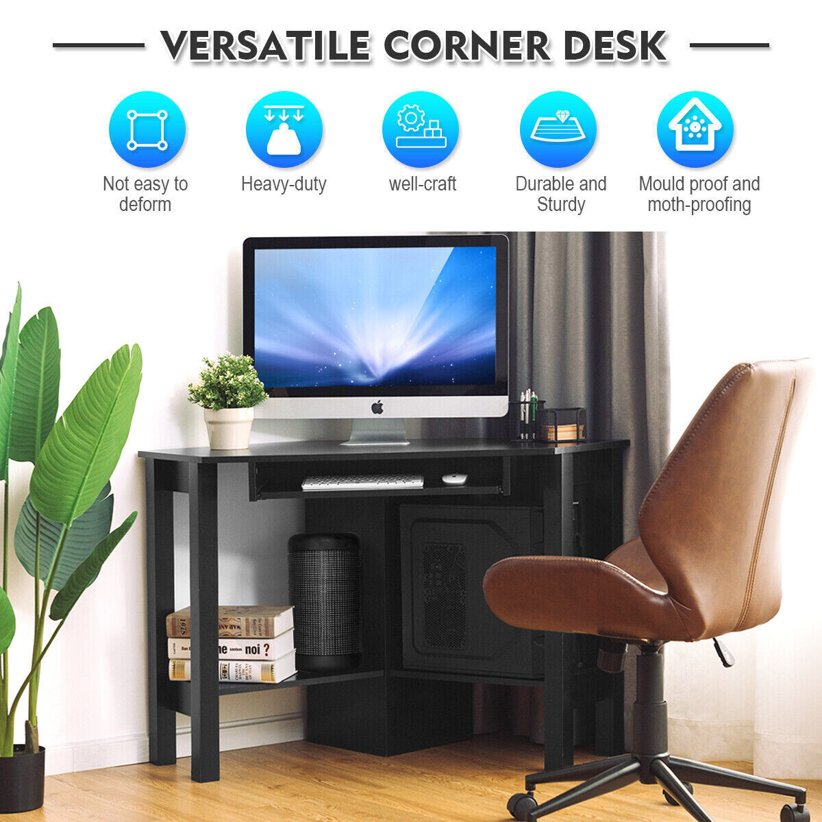Corner Desk Office Table with Keyboard Drawer, Storage Shelves, Adjustable Height, Modern Design and Space Saving Workstation