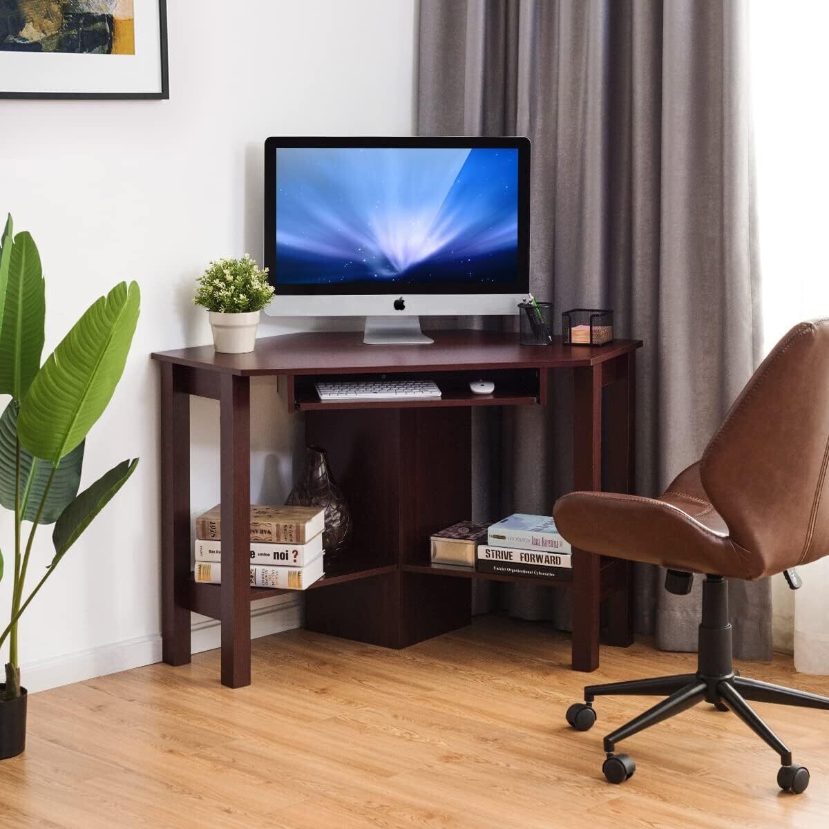 Corner Desk Office Table with Keyboard Drawer, Storage Shelves, Adjustable Height, Modern Design and Space Saving Workstation