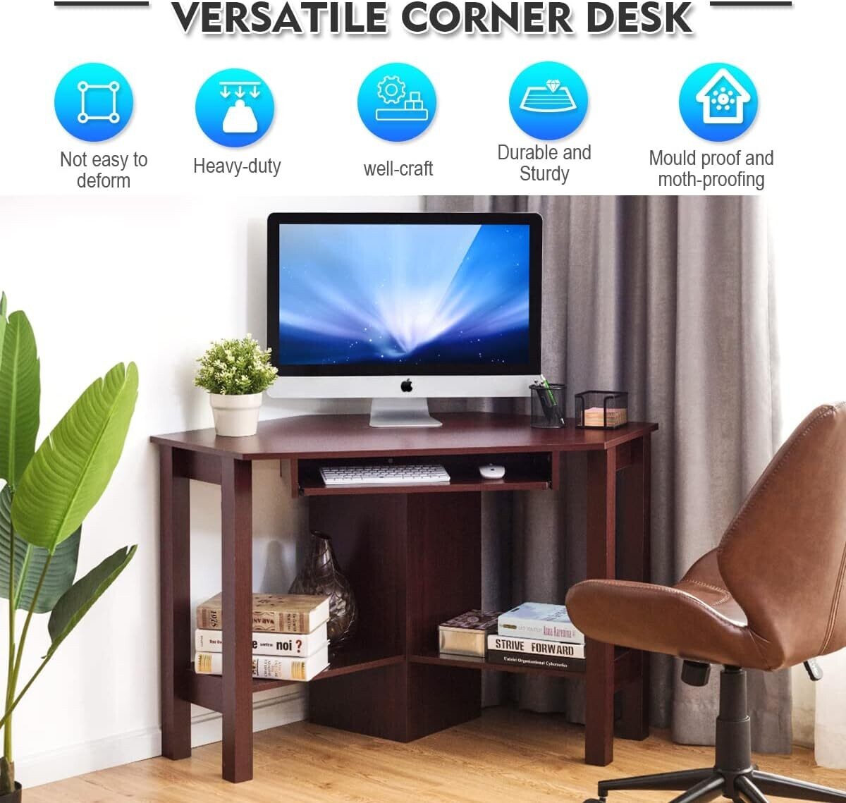Corner Desk Office Table with Keyboard Drawer, Storage Shelves, Adjustable Height, Modern Design and Space Saving Workstation