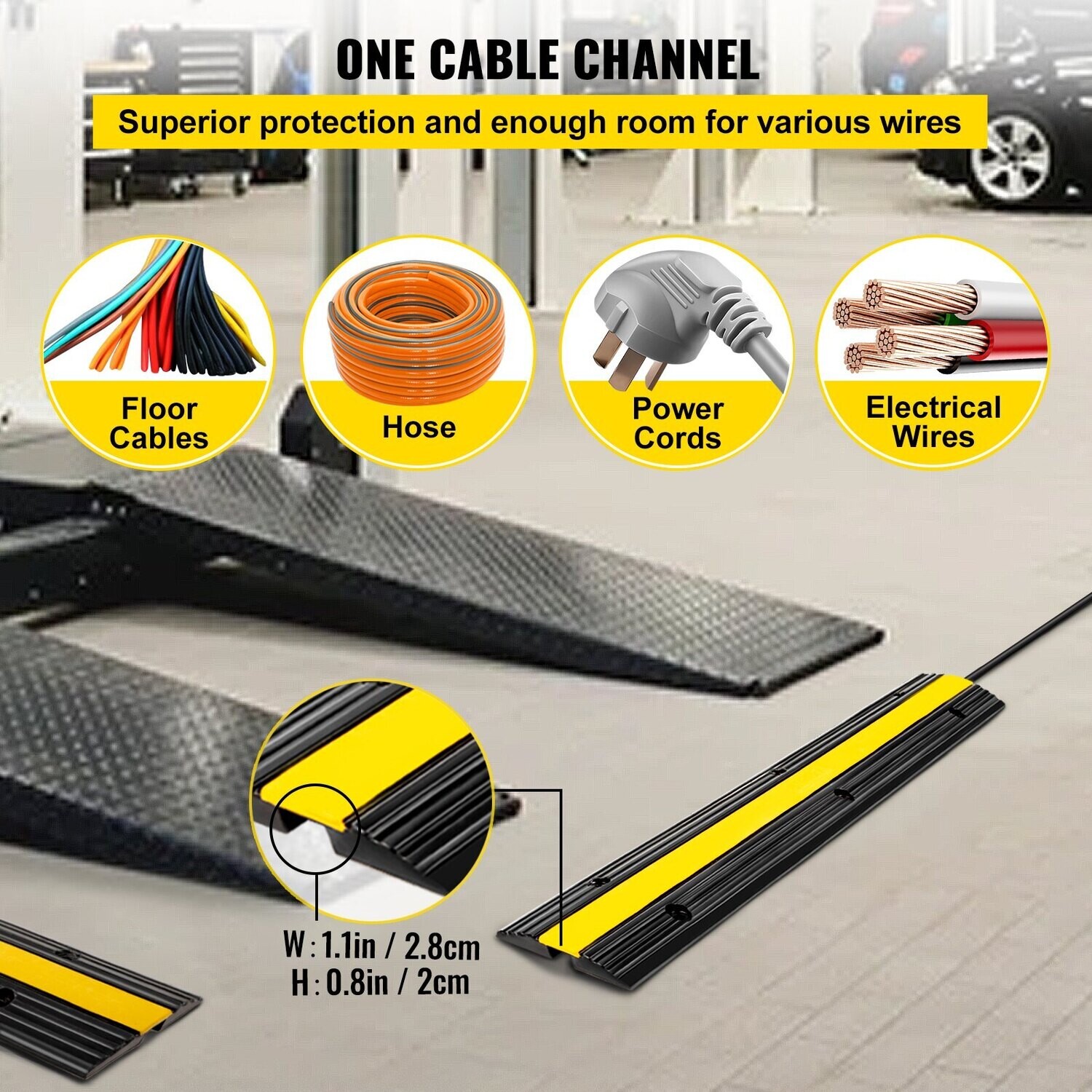 4-Piece 1-Channel Cable Protection Mat - Heavy-Duty Thermoplastic Rubber, Modular Overrun Design for High-Traffic Protection – Ideal for Parking Lots, Warehouses, and Industrial Areas – Durable, Easy