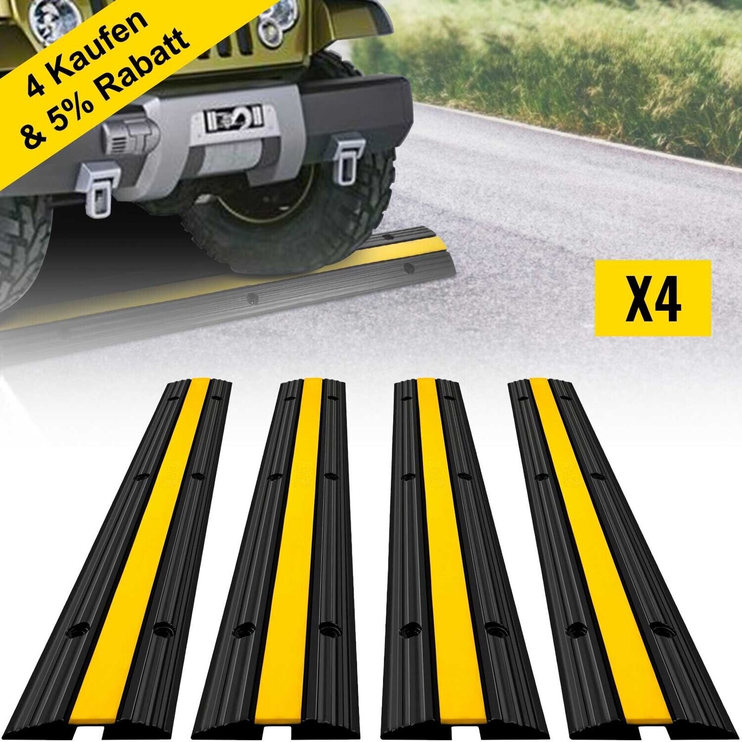 4-Piece 1-Channel Cable Protection Mat - Heavy-Duty Thermoplastic Rubber, Modular Overrun Design for High-Traffic Protection – Ideal for Parking Lots, Warehouses, and Industrial Areas – Durable, Easy