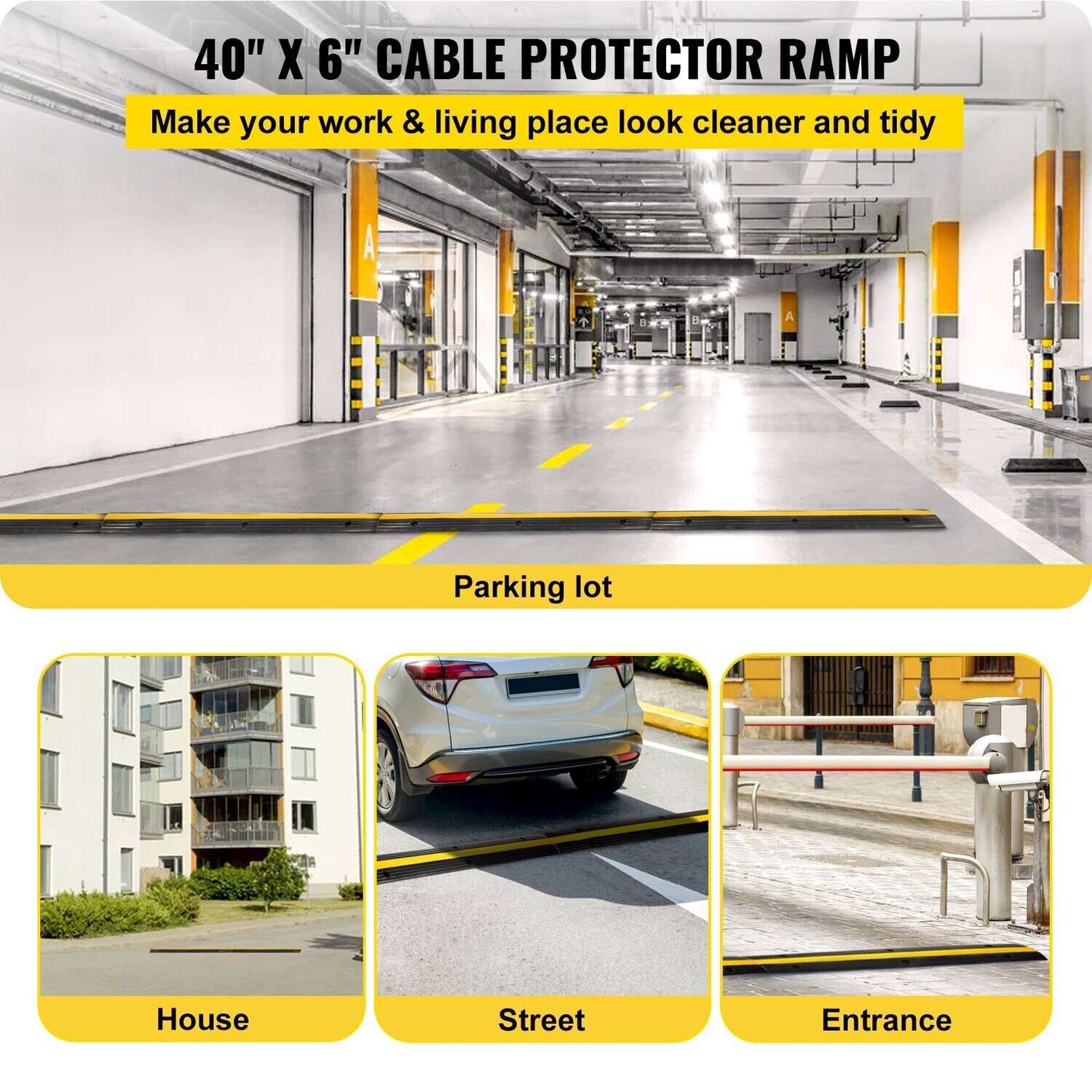 4-Piece 1-Channel Cable Protection Mat - Heavy-Duty Thermoplastic Rubber, Modular Overrun Design for High-Traffic Protection – Ideal for Parking Lots, Warehouses, and Industrial Areas – Durable, Easy