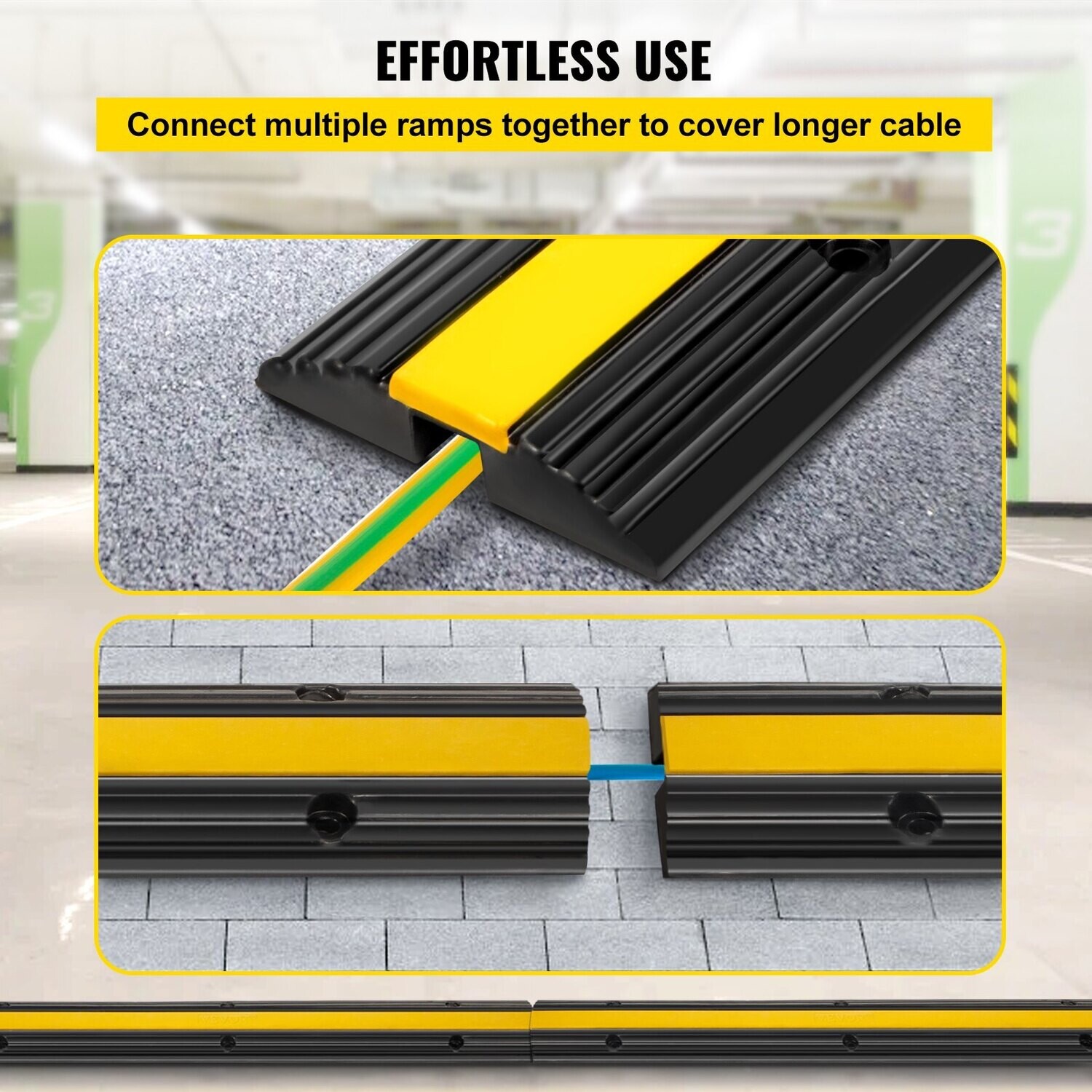 4-Piece 1-Channel Cable Protection Mat - Heavy-Duty Thermoplastic Rubber, Modular Overrun Design for High-Traffic Protection – Ideal for Parking Lots, Warehouses, and Industrial Areas – Durable, Easy