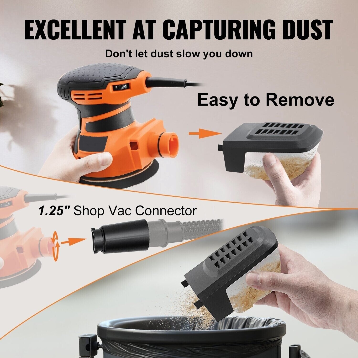 Palm Sander 5 Inch 350W Random Orbital Sander w/Dust Collection Box