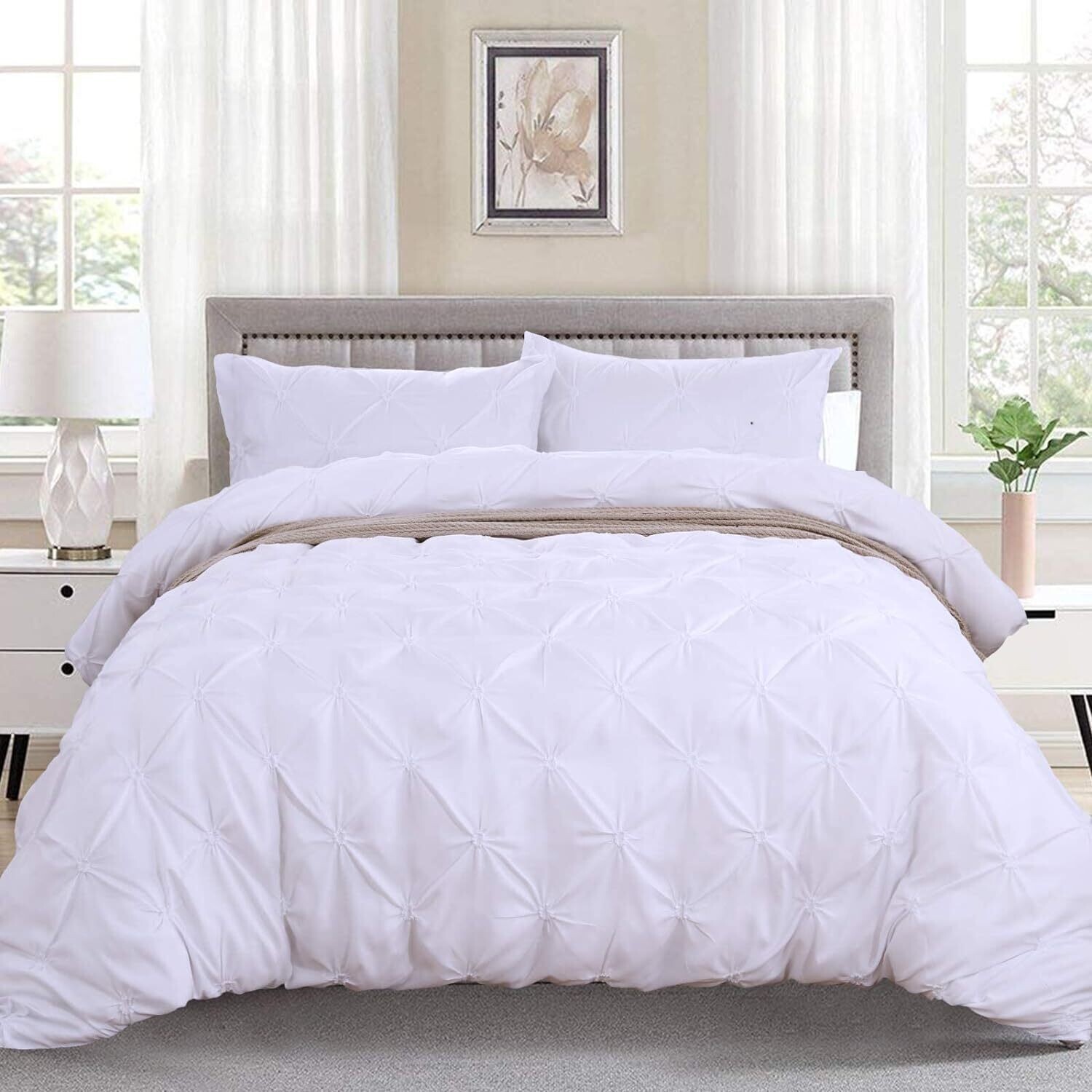 Luxury White Pintuck Duvet Cover King Size 3 Pieces Pinch Pleat Bedding Duvet Cover with Zipper Closure, Soft Microfiber