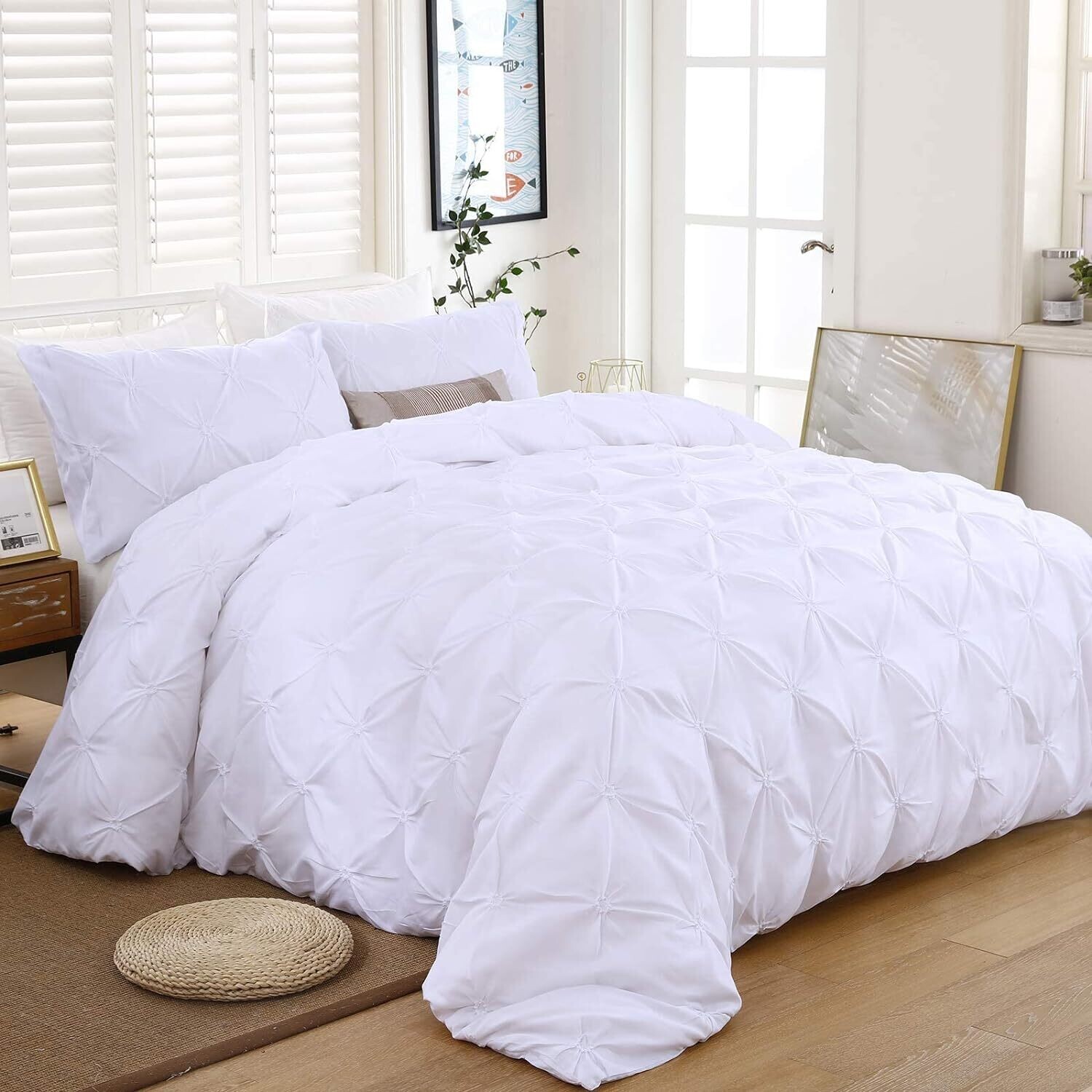Luxury White Pintuck Duvet Cover King Size – 3-Piece Pinch Pleat Bedding Set with Zipper Closure, Soft Microfiber Fabric