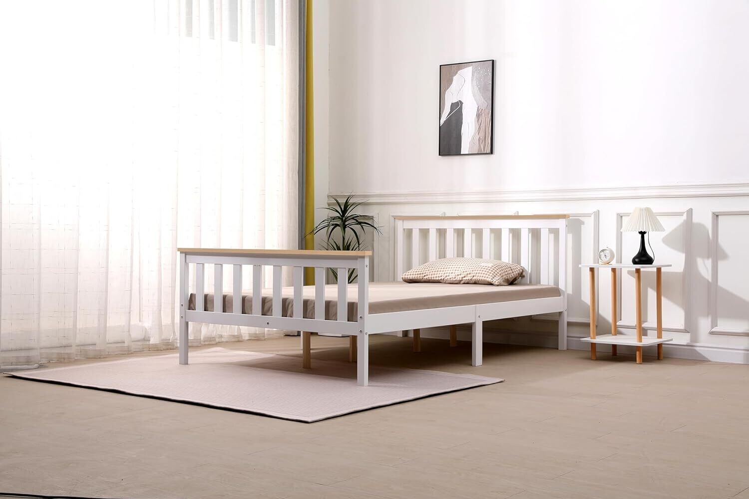 4ft Solid Pine White Shaker Wooden Bed Frame – Improved &amp; Stronger Design with White/Natural Top Finish