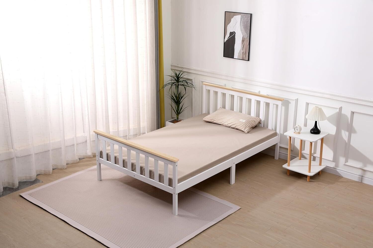 4ft Solid Pine White Shaker Wooden Bed Frame – Improved &amp; Stronger Design with White/Natural Top Finish