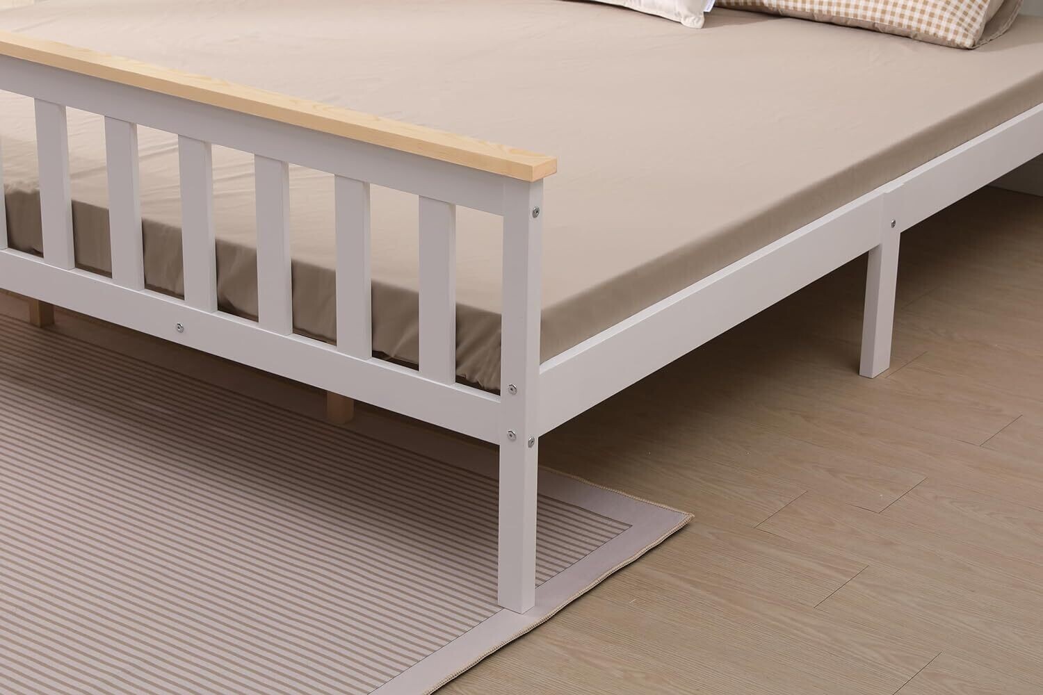4ft Solid Pine White Shaker Wooden Bed Frame – Improved &amp; Stronger Design with White/Natural Top Finish