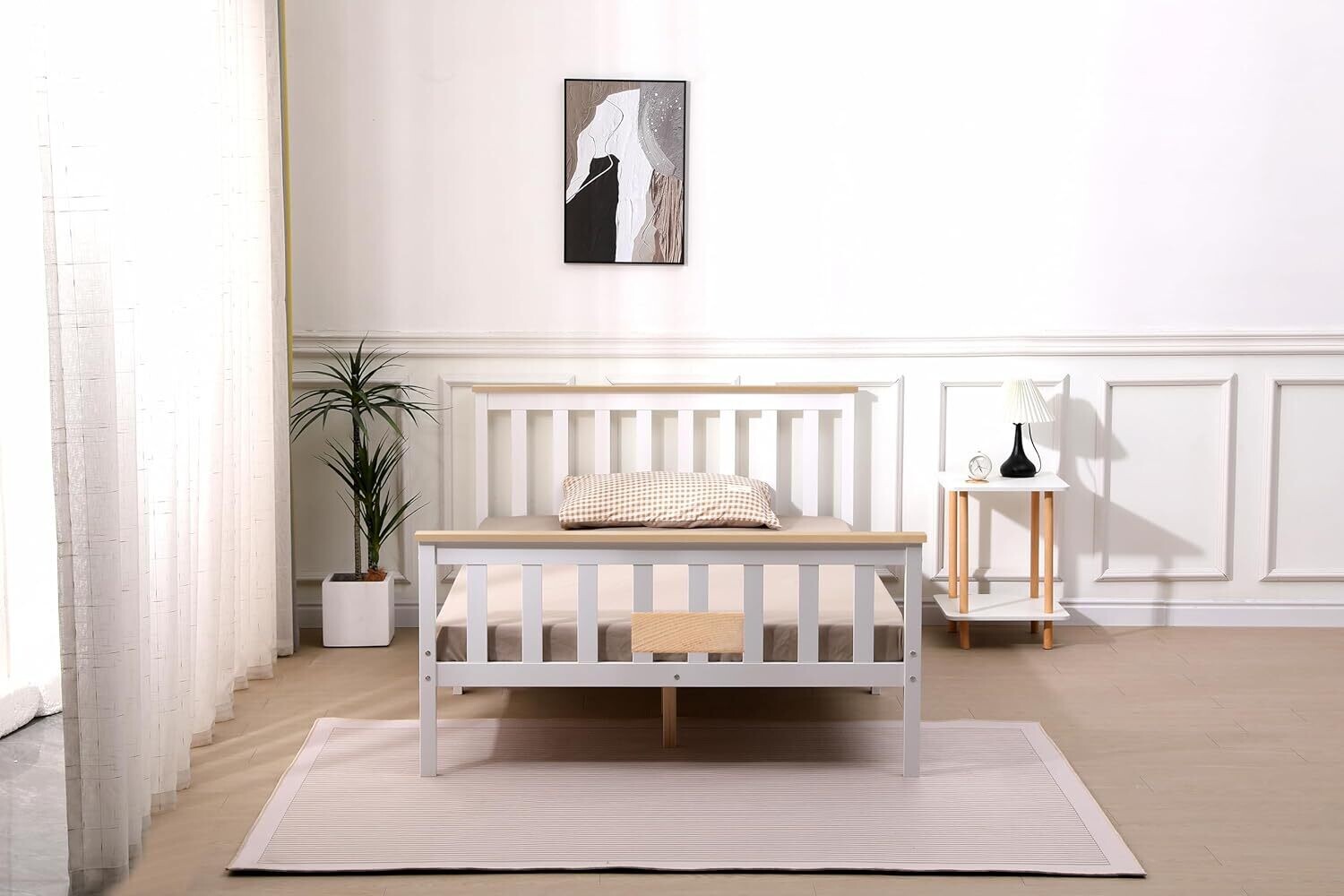4ft Solid Pine White Shaker Wooden Bed Frame – Improved &amp; Stronger Design with White/Natural Top Finish