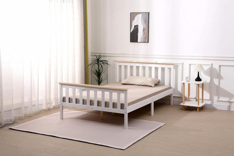 4ft Solid Pine White Shaker Wooden Bed Frame – Improved &amp; Stronger Design with White/Natural Top Finish