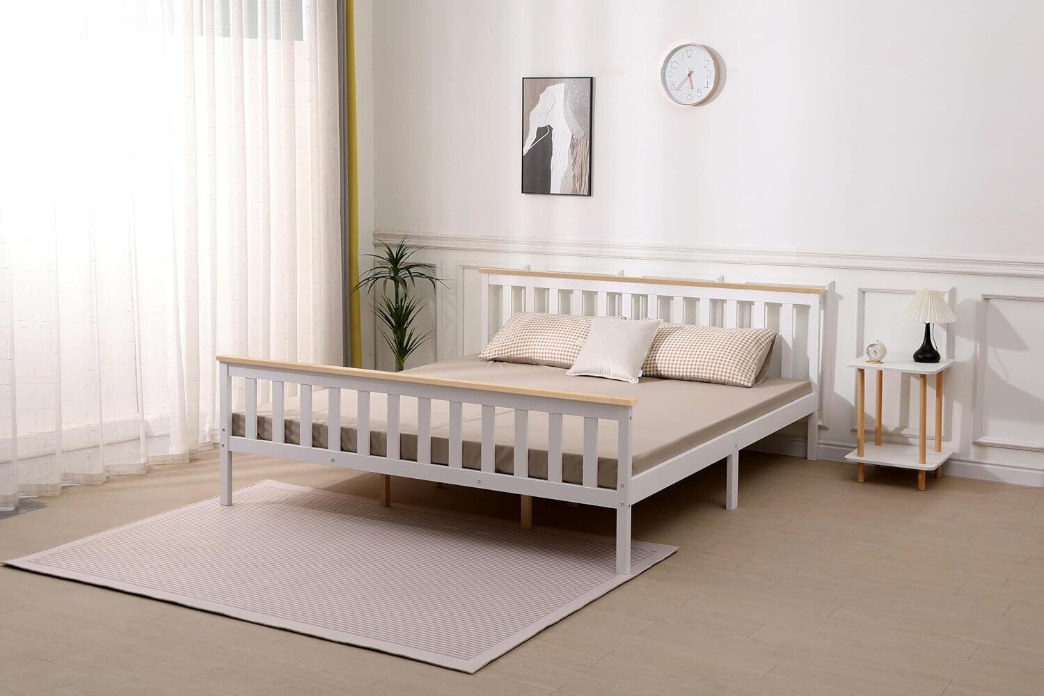 4ft Solid Pine White Shaker Wooden Bed Frame – Improved &amp; Stronger Design with White/Natural Top Finish