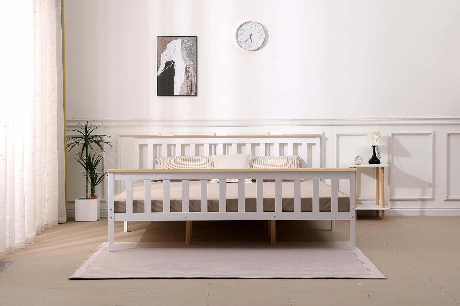 4ft Solid Pine White Shaker Wooden Bed Frame – Improved &amp; Stronger Design with White/Natural Top Finish