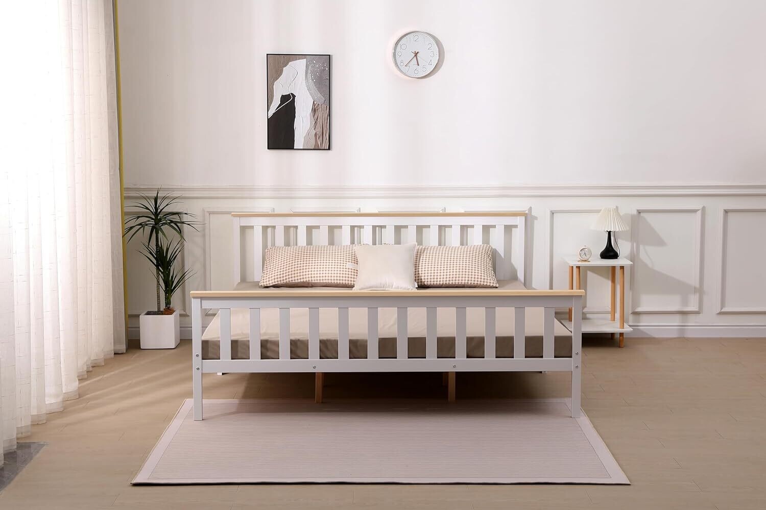 4ft Solid Pine White Shaker Wooden Bed Frame – Improved &amp; Stronger Design with White/Natural Top Finish