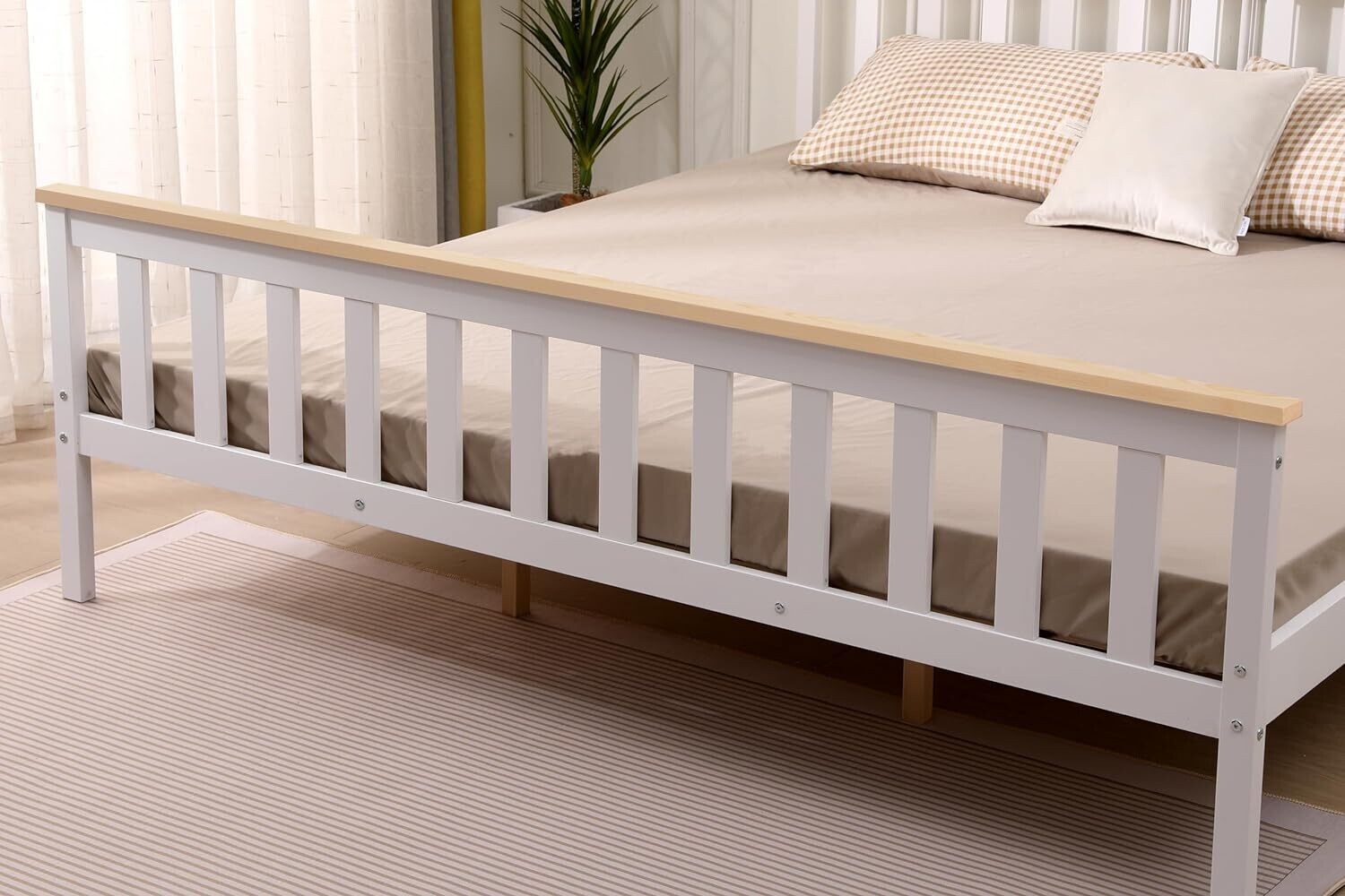 4ft Solid Pine White Shaker Wooden Bed Frame – Improved &amp; Stronger Design with White/Natural Top Finish