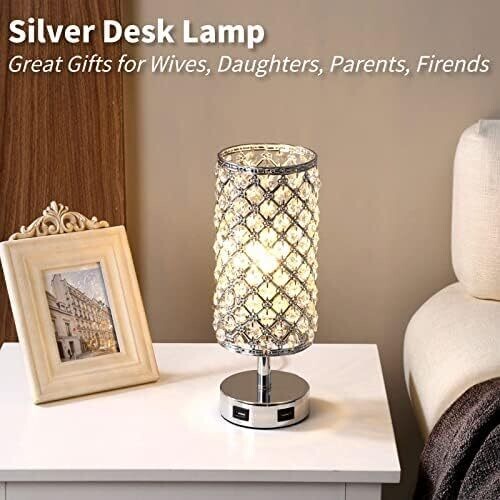 Bedside Touch Control Silver Lamp with 2 USB Charging Ports – Nightstand Light for Kids Room, Home Office, Living Room, Bar, and Restaurant Decor