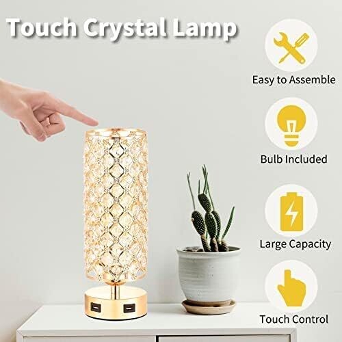 Bedside Touch Control Silver Lamp with 2 USB Charging Ports – Nightstand Light for Kids Room, Home Office, Living Room, Bar, and Restaurant Decor