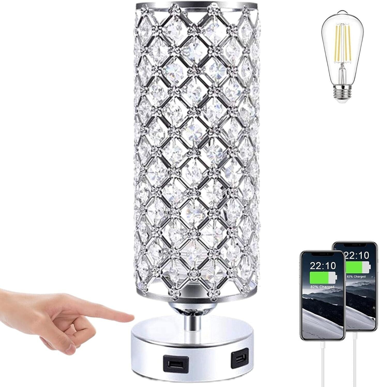 Bedside Touch Control Silver Lamp with 2 USB Charging Ports – Nightstand Light for Kids Room, Home Office, Living Room, Bar, and Restaurant Decor