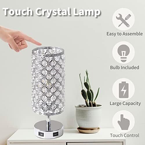Bedside Touch Control Silver Lamp with 2 USB Charging Ports – Nightstand Light for Kids Room, Home Office, Living Room, Bar, and Restaurant Decor