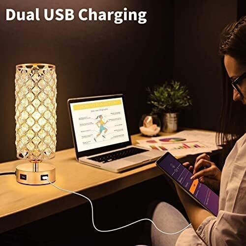 Bedside Touch Control Silver Lamp with 2 USB Charging Ports – Nightstand Light for Kids Room, Home Office, Living Room, Bar, and Restaurant Decor