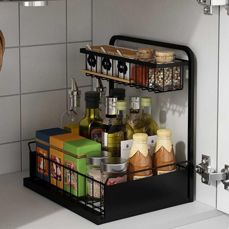 2-Tier Under Sink Storage – L-Shaped Cabinet Organizer for Kitchen, Bathroom, and Bedroom – Space-Saving Storage Solution for Cabinets, Shelves, and Organizing Items