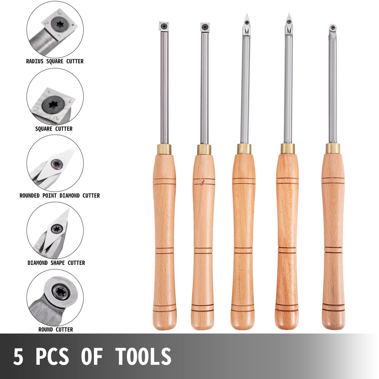 5-Piece Carbide Lathe Tool Set – Diamond, Round, Square Cutters for Precision Turning, Durable Lathe Chisels with Ergonomic Grip
