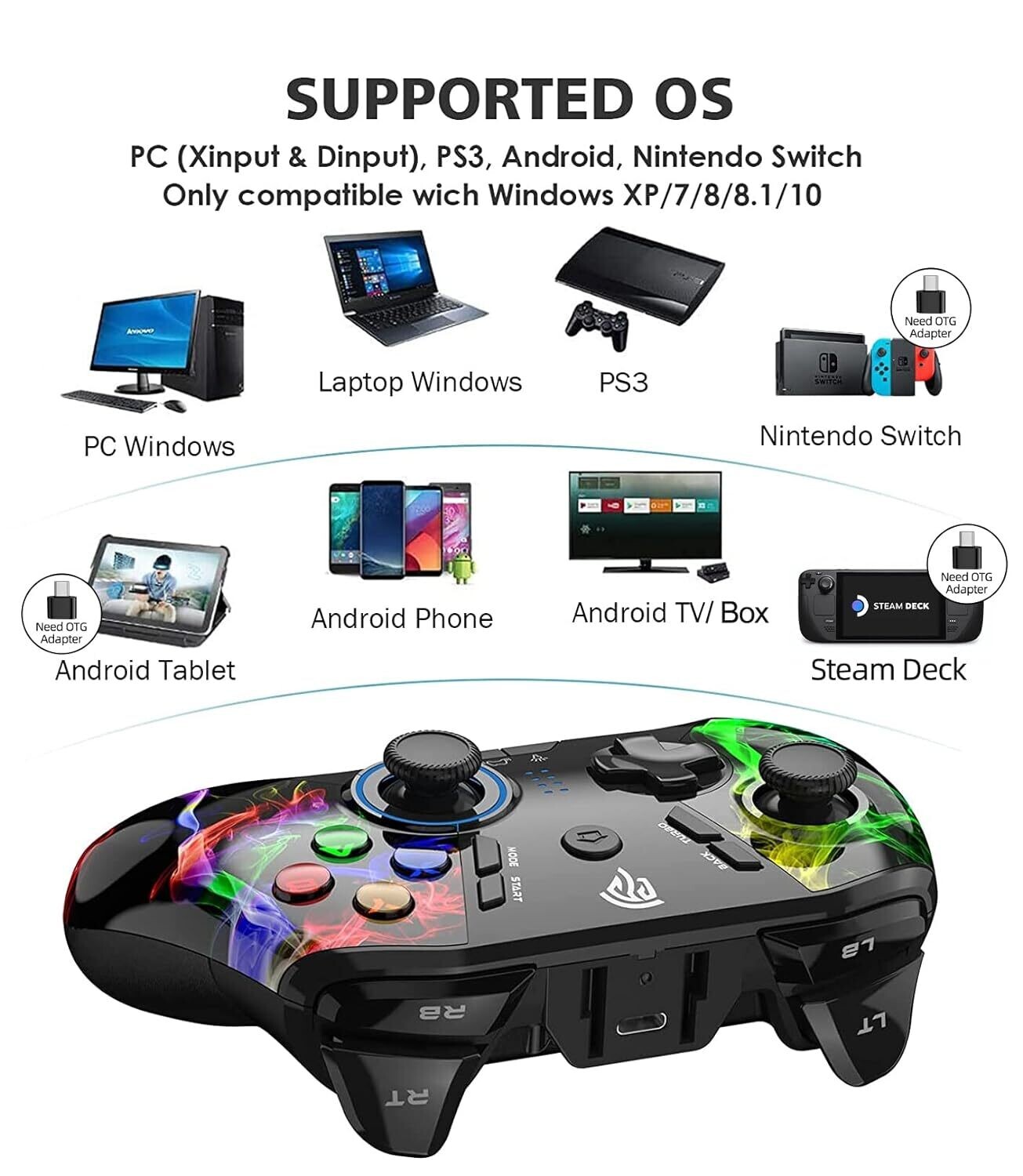 Bluetooth Switch Controller Wireless Gaming – Compatible with Windows 10, PS3, Android, Turbo Function, 4 Programmable Buttons, 5 Vibration Levels, Adjustable Button Lighting