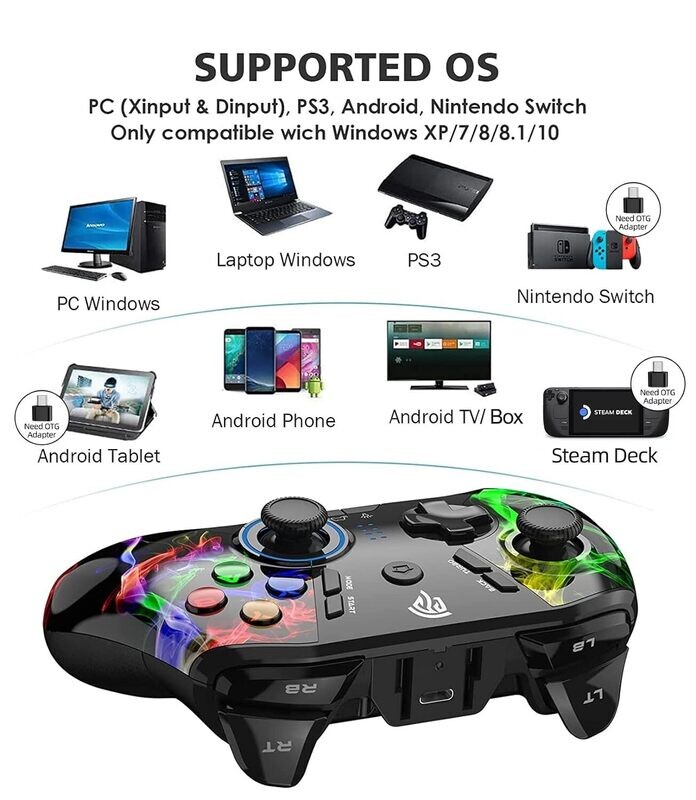 Bluetooth Switch Controller Wireless Gaming – Compatible with Windows 10, PS3, Android, Turbo Function, 4 Programmable Buttons, 5 Vibration Levels, Adjustable Button Lighting