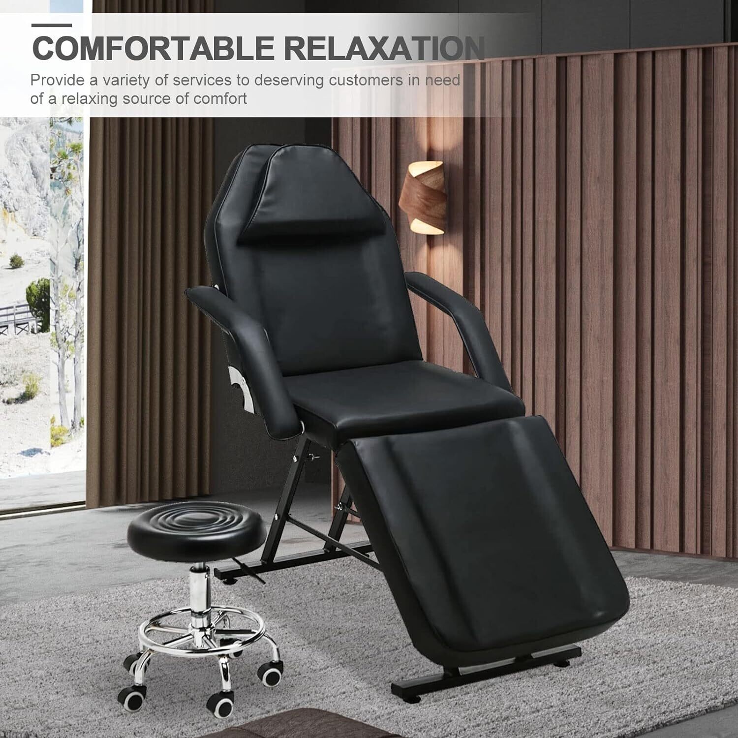 Black Home Beauty Salon Massage Bed with Thick Padding and Headrest – Adjustable Salon Stool, 185 x 82 x 65 cm for Spa and Professional Use