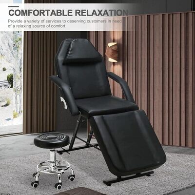 Black Home Beauty Salon Massage Bed with Thick Padding and Headrest – Adjustable Salon Stool, 185 x 82 x 65 cm for Spa and Professional Use