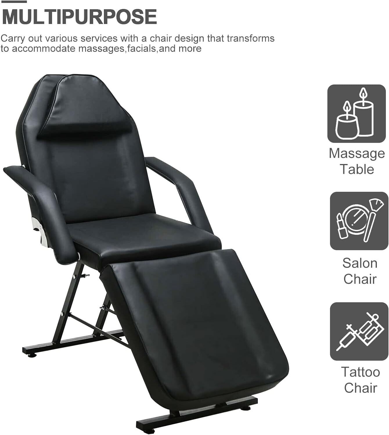Black Home Beauty Salon Massage Bed with Thick Padding and Headrest – Adjustable Salon Stool, 185 x 82 x 65 cm for Spa and Professional Use