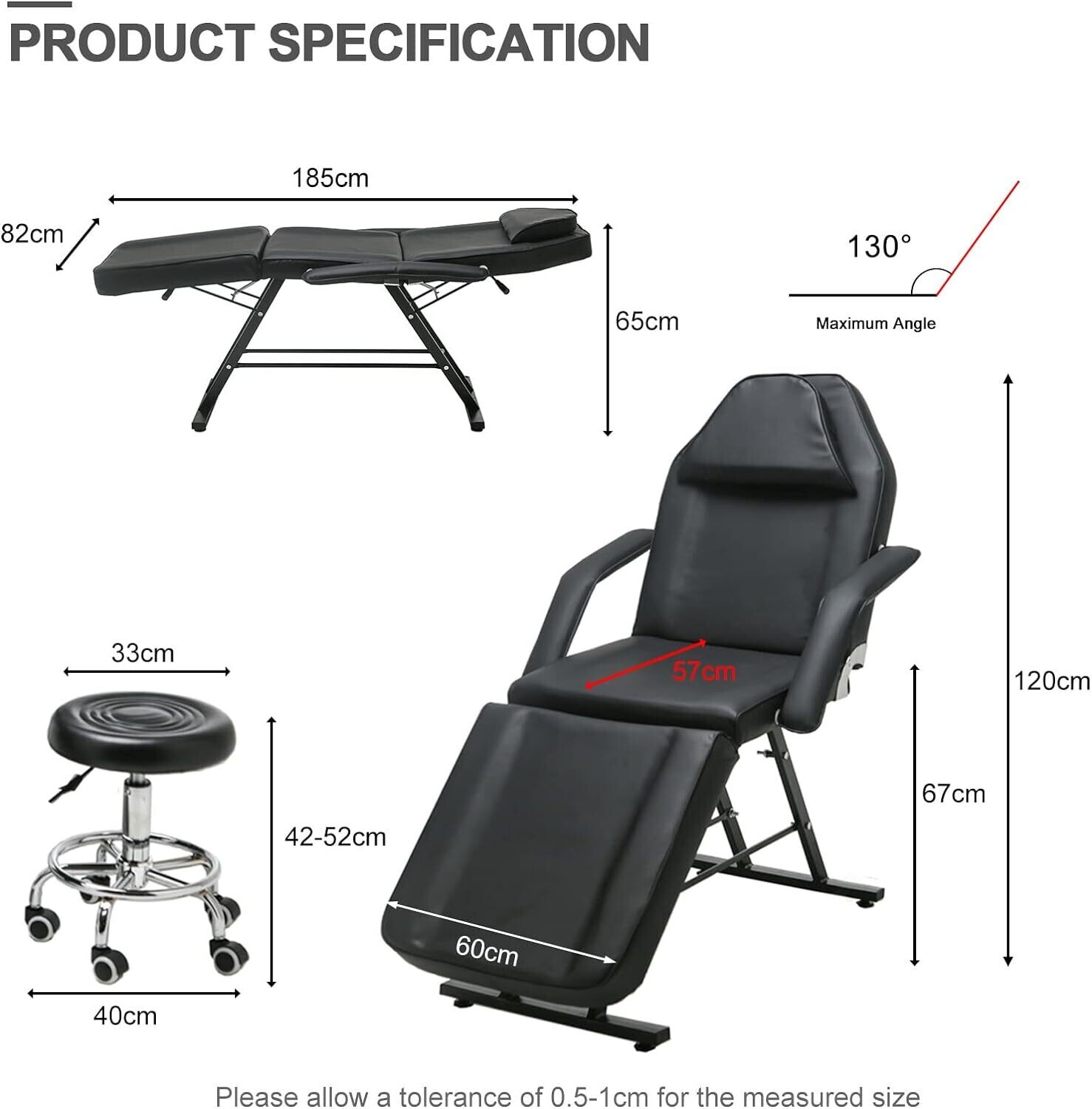 Black Home Beauty Salon Massage Bed with Thick Padding and Headrest – Adjustable Salon Stool, 185 x 82 x 65 cm for Spa and Professional Use