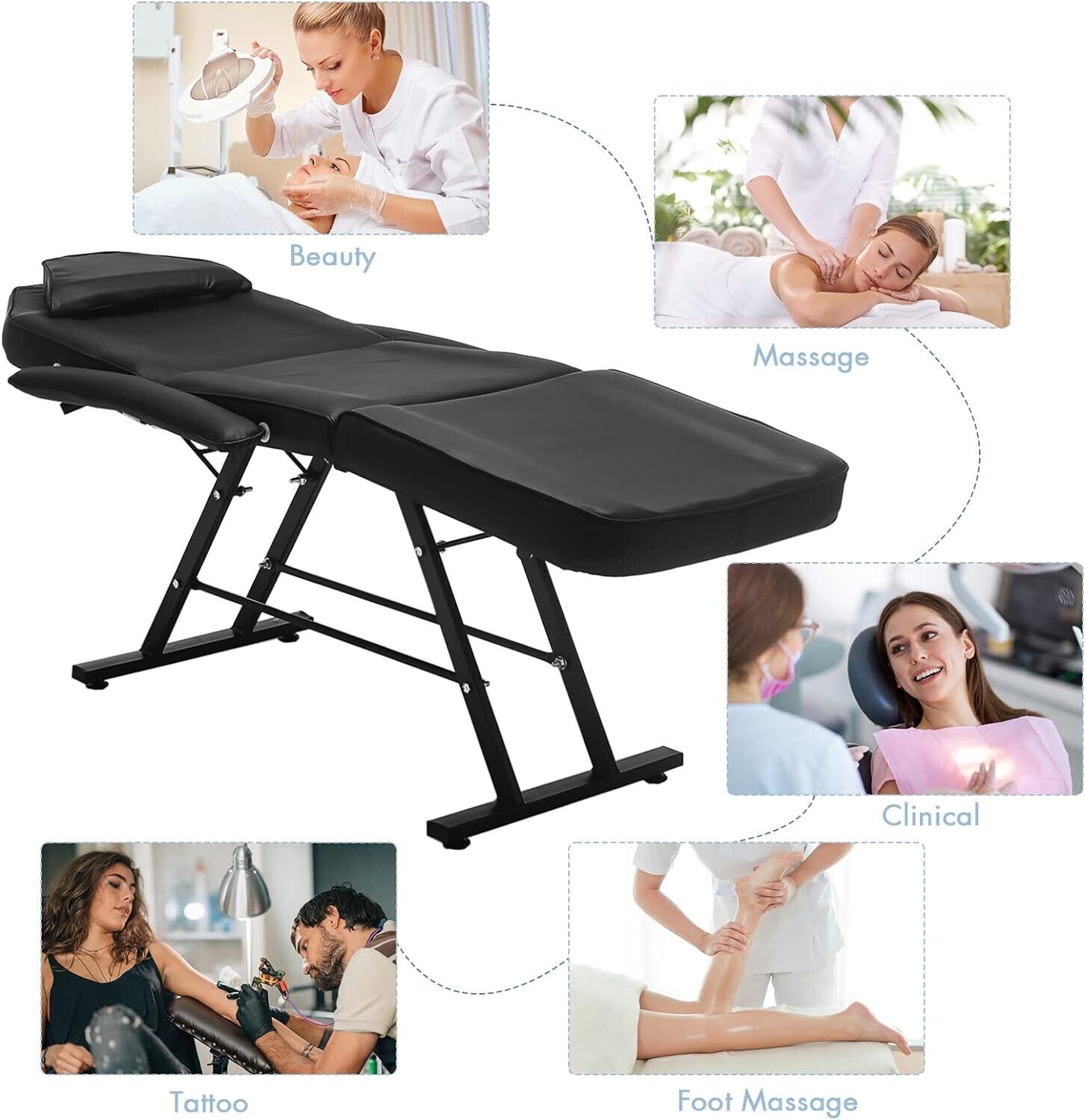 Black Home Beauty Salon Massage Bed with Thick Padding and Headrest – Adjustable Salon Stool, 185 x 82 x 65 cm for Spa and Professional Use