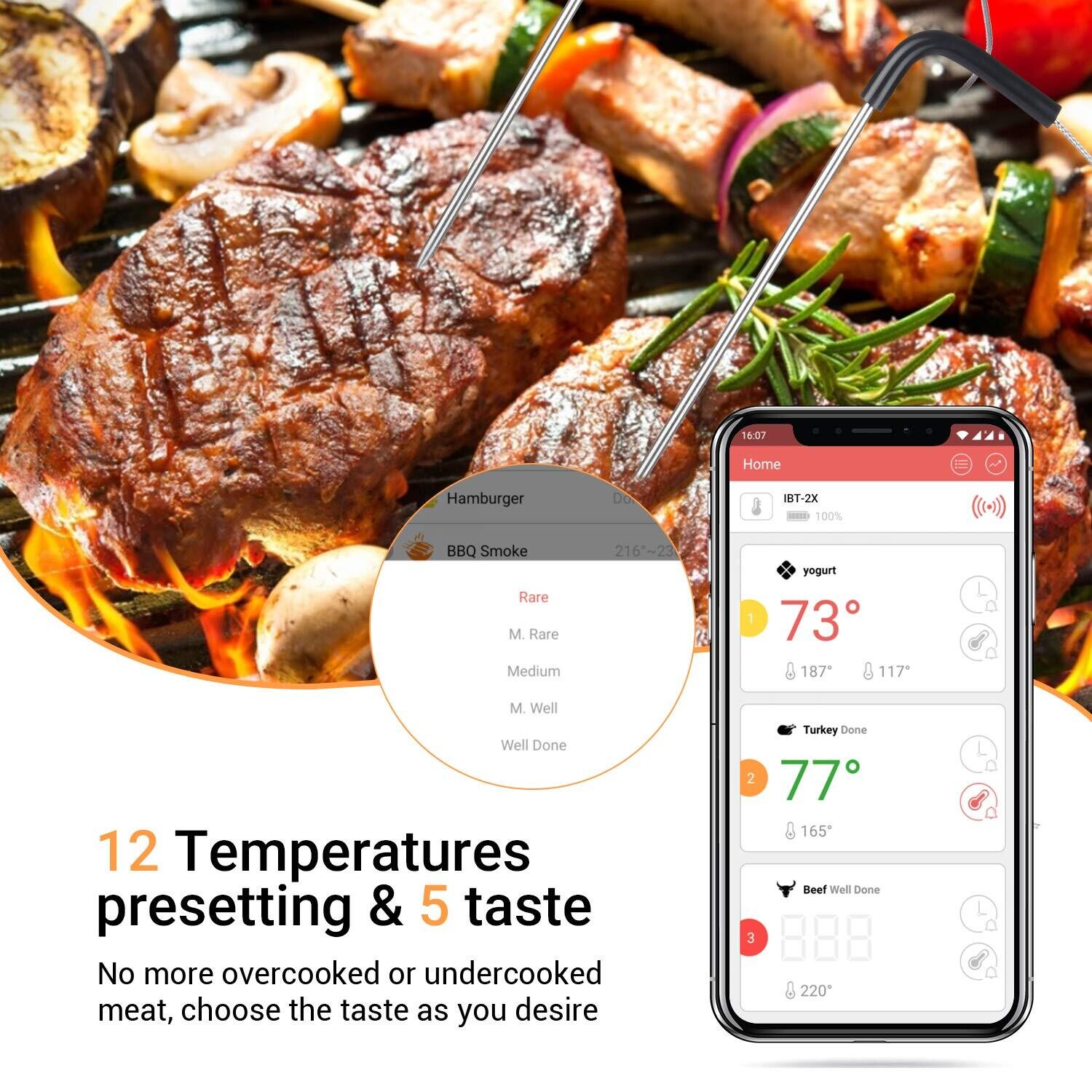 2X LCD LED Bluetooth 4.0 Grill Thermometer, Cooking Thermometer with Temperature Alarm – Meat, Oven, and Roasting Thermometer with 2 Stainless Steel Probes for Grill and Baking