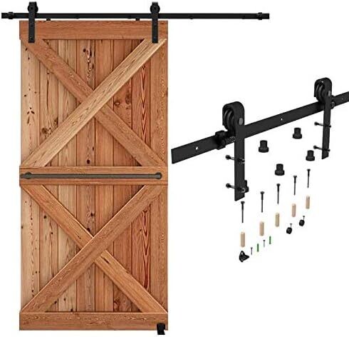 Heavy Duty Sliding Barn Door Hardware Track Kit Roller Hanger Set for Single Wooden Door with Adjustable Floor Guide—Interior Doors