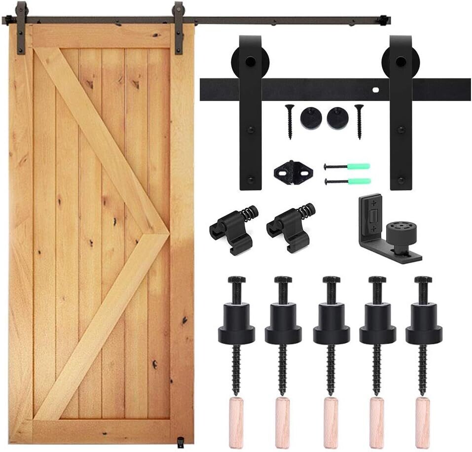 Heavy Duty Sliding Barn Door Hardware Track Kit Roller Hanger Set for Single Wooden Door with Adjustable Floor Guide—Interior Doors