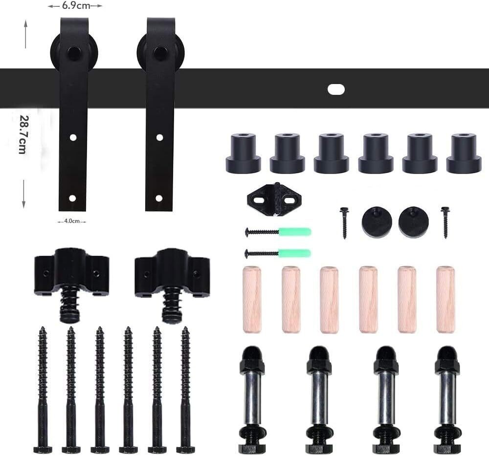Heavy Duty Sliding Barn Door Hardware Track Kit Roller Hanger Set for Single Wooden Door with Adjustable Floor Guide—Interior Doors