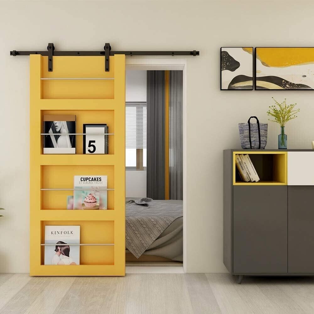 Heavy Duty Sliding Barn Door Hardware Track Kit Roller Hanger Set for Single Wooden Door with Adjustable Floor Guide—Interior Doors