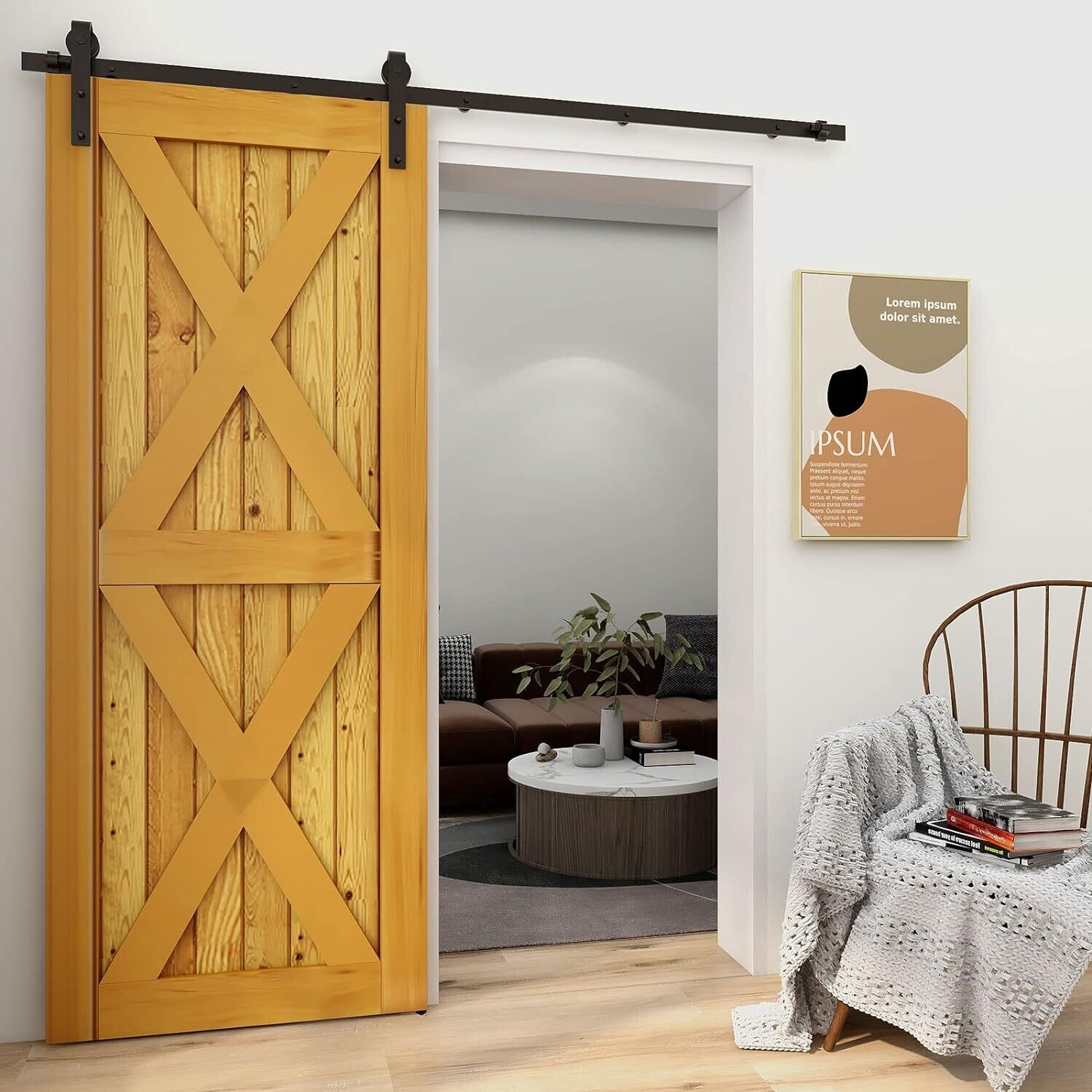 Heavy Duty Sliding Barn Door Hardware Track Kit Roller Hanger Set for Single Wooden Door with Adjustable Floor Guide—Interior Doors