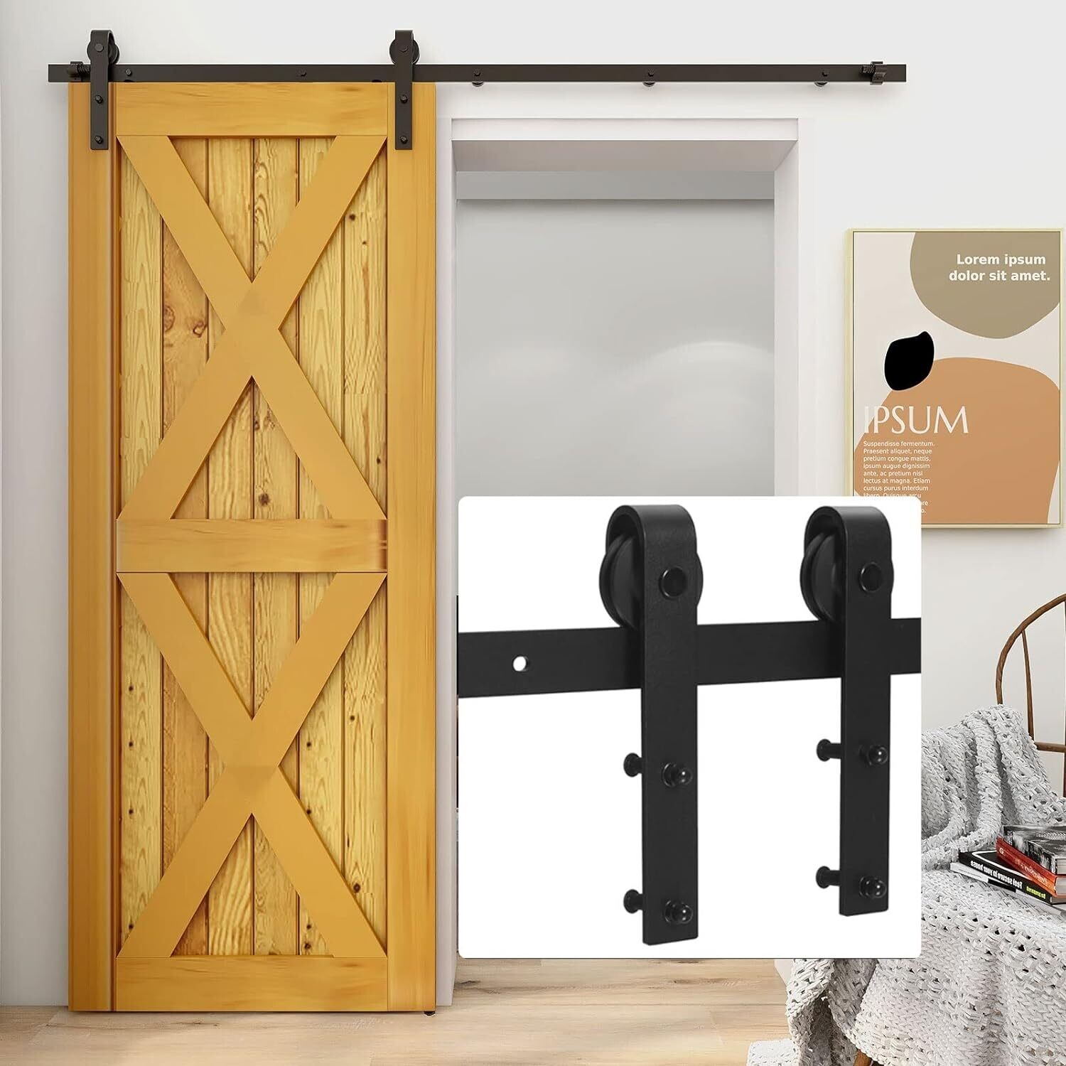 Heavy Duty Sliding Barn Door Hardware Track Kit Roller Hanger Set for Single Wooden Door with Adjustable Floor Guide—Interior Doors