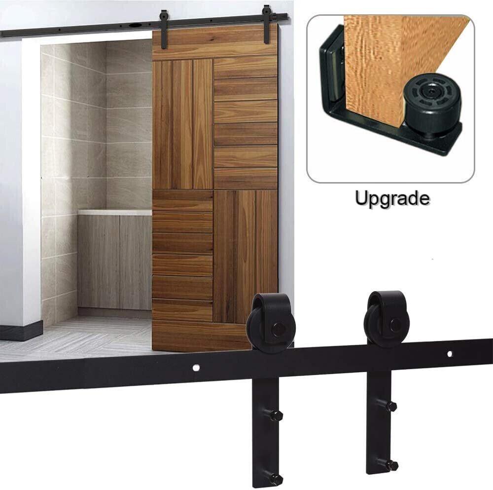 Heavy Duty Sliding Barn Door Hardware Track Kit Roller Hanger Set for Single Wooden Door with Adjustable Floor Guide—Interior Doors