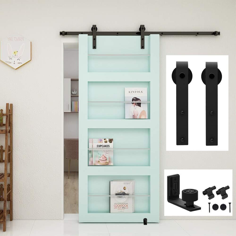 Heavy Duty Sliding Barn Door Hardware Track Kit Roller Hanger Set for Single Wooden Door with Adjustable Floor Guide—Interior Doors