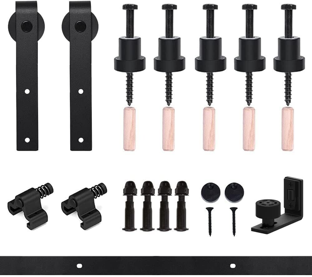 Heavy Duty Sliding Barn Door Hardware Track Kit Roller Hanger Set for Single Wooden Door with Adjustable Floor Guide—Interior Doors