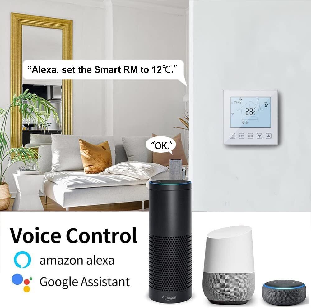 WiFi Smart Thermostat for Boiler and Water Underfloor Heating, 3A Alexa/Google Assistant Compatible – Programmable Thermostat with Tuya/Smart Life APP Control, White