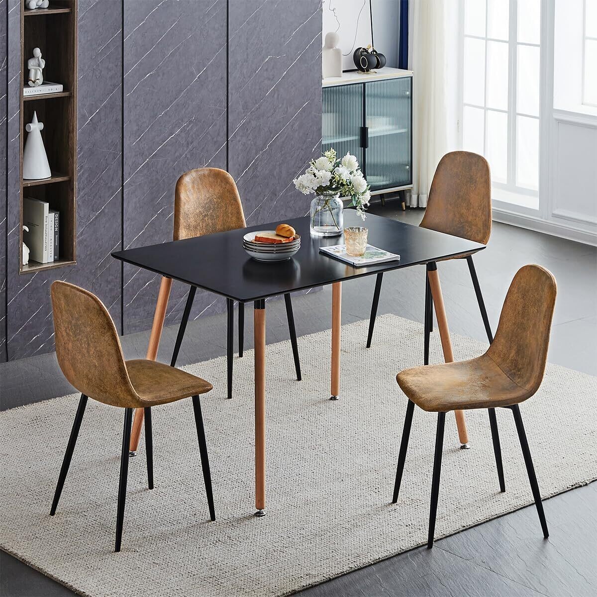 4 Dining Chairs with Soft Upholstery and Backrest, Kitchen Chairs with Solid Metal Legs for Living Room and Lounge – Brown Design for Home Use