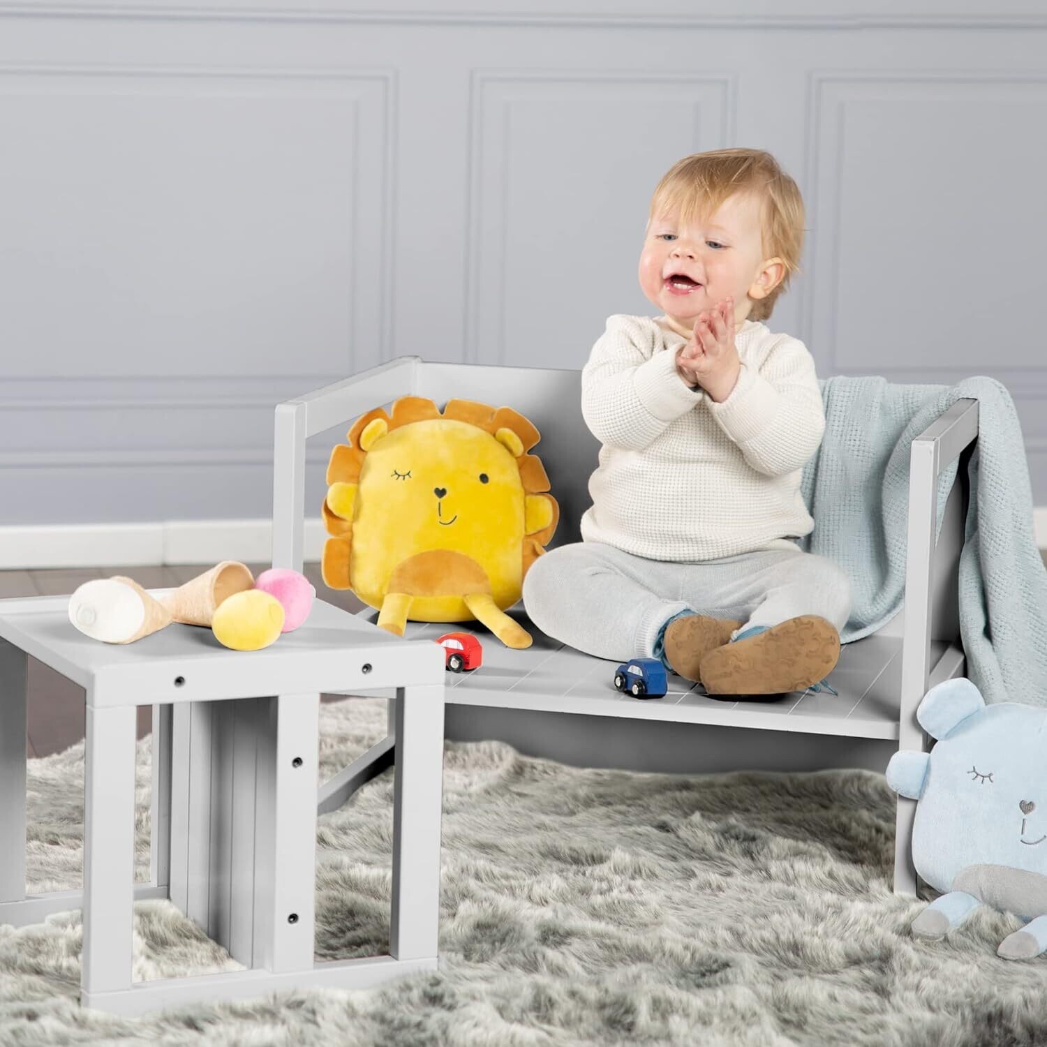Country House Style Kids Furniture Set – Convertible Stool &amp; Table, Transforms into Children&#39;s Bench