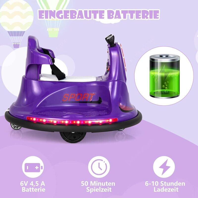 6V Electric Bumper Car with Double Joystick, 2 Driving Modes, 2.4 GHz Remote Control, 360° Rotation, LED, Adjustable Seat Belt, 3-6 km/h for kids